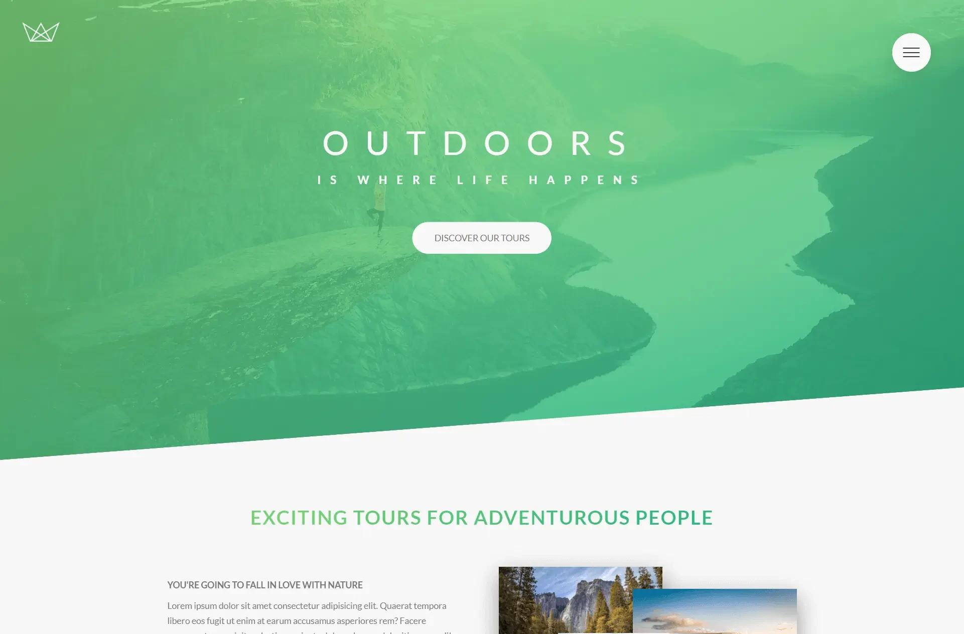 A mostly green/white website that invites you to take tours into nature