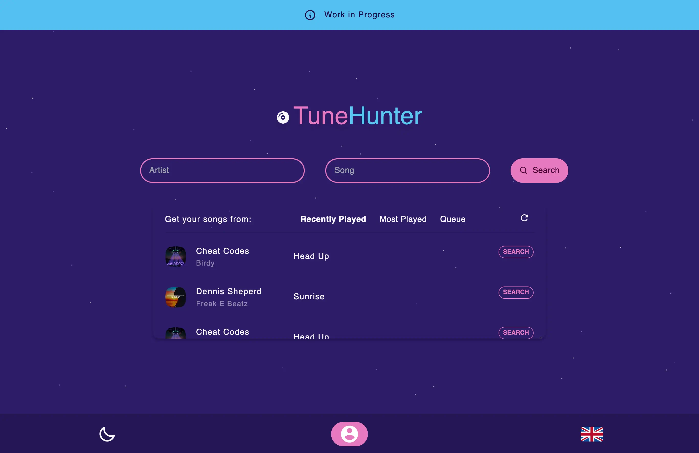 A web app with a purple theme displaying a searchbar with fields for Arist and Song and a table with suggestions.
